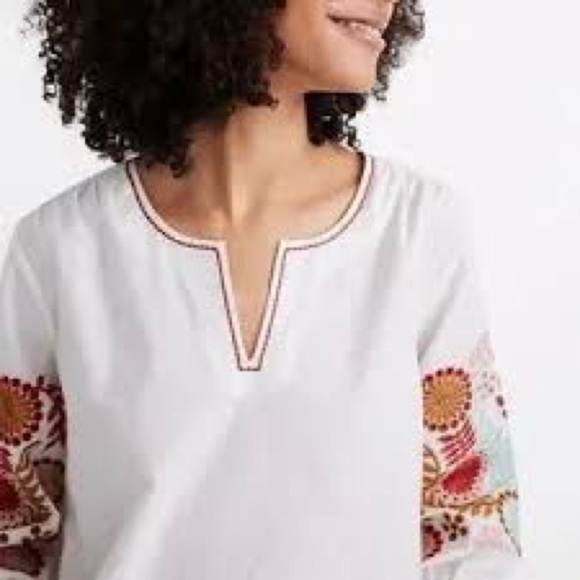Madewell Blouse White Colorful Embroidered Popover Sleeve Hippie 70’s Vibes Sz M - Picture 3 of 15